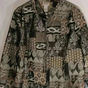 "Renaissance  Womens"‎ Vint Tapestry Brocade Jacket 2X Black Tan Silver Full Zip